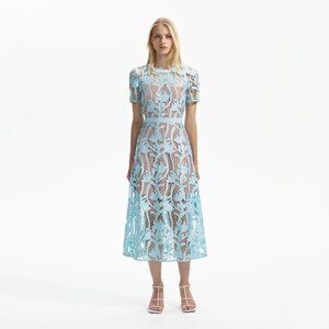 SELF-PORTRAIT Grosgrain-trimmed embroidered satin and guipure lace midi dress